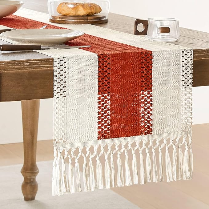 Macrame Style Bicolor Stitching Table Runner 14x36in Orange | Woven Boho Table by ZEEMARTONLINE