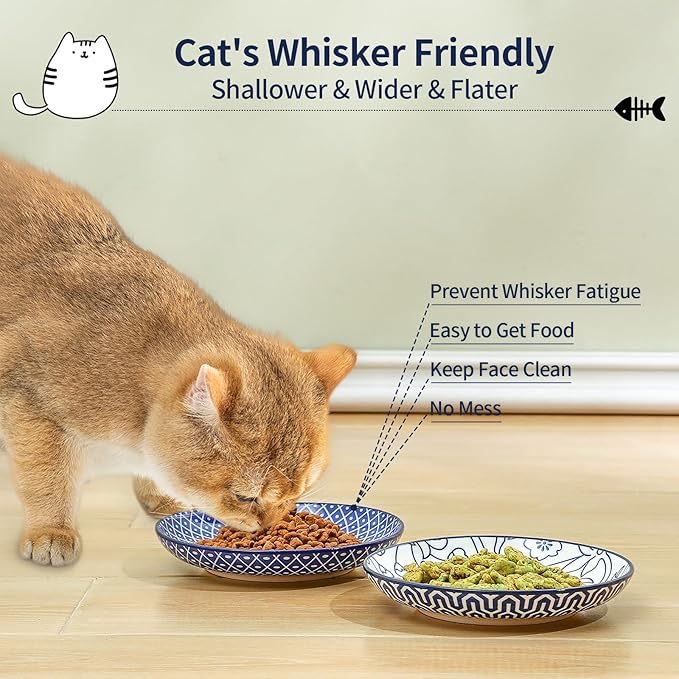 Selamica Ceramic Cat Bowls, 6 Inch Wide Shallow Cat Food Bowl for Relief Whisker Fatigue, Set of 4, Vintage Blue