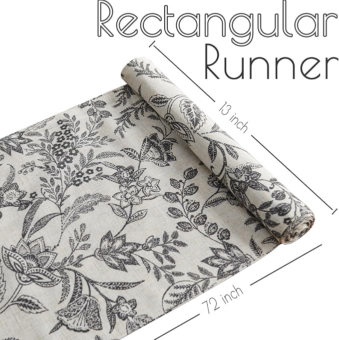 jinchan Black Floral Linen Table Runner 13 x 72 Inch Farmhouse | Rustic - Image 6