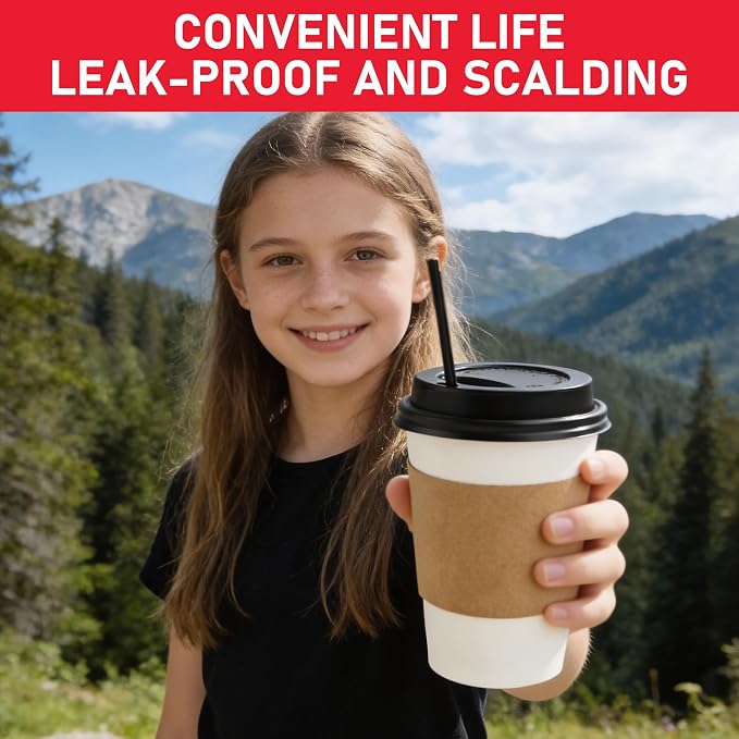 12 oz Paper Coffee Cups with Lids 100 Pack, Disposable Hot Coffee Cups with Lids - Image 7