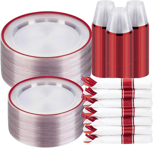 BESTSTAR 350PCS Clear and Red Disposable Plates Set for 50 Guests, 100 Plastic Plates, 50 Plastic Cups, 50 Pre-Rolled Napkins with Cutlery for Party, Christmas, Thanksgiving, Birthday, Halloween