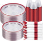 BESTSTAR 350PCS Clear and Red Disposable Plates Set for 50 Guests, 100 Plastic Plates, 50 Plastic Cups, 50 Pre-Rolled Napkins with Cutlery for Party, Christmas, Thanksgiving, Birthday, Halloween