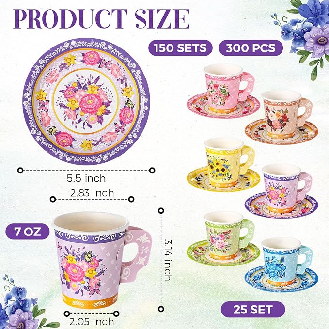 Nuogo 300 Pcs Floral Paper Tea Cups and Saucers 7 OZ Disposable Cups - Image 3