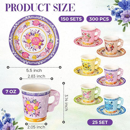 Nuogo 300 Pcs Floral Paper Tea Cups and Saucers 7 OZ Disposable Cups - Image 3