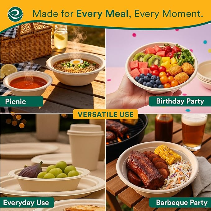 ECO SOUL 100% Compostable 32 Oz Soup Bowls [100-Pack] Disposable Sturdy Bowls I Heavy Duty Paper Bowl I Eco-Friendly Salad Bowl I Biodegradable Large