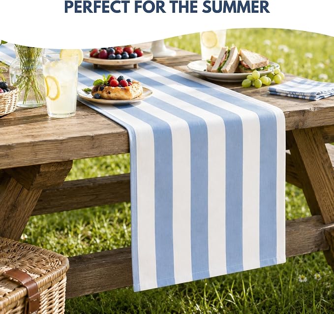 Folkulture Table Runner 90 Inches Long Blue & White Striped Cotton Coastal - Image 5