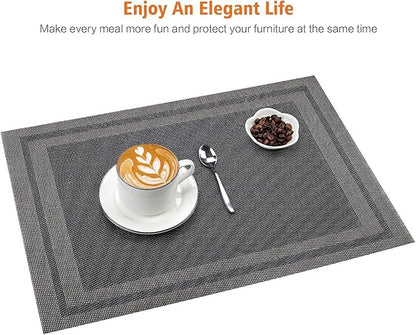 Placemats Set of 6,Washable,Heat and Stain Resistant Indoor/Outdoor Place mats,Vinyl Woven Non Slip Table Mats for Restaurant Table Protection,PVC Placemats(Black Gold,6PCS)