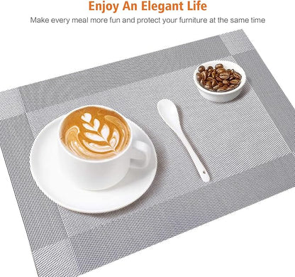 Placemats Set of 12,Washable,Heat and Stain Resistant Indoor/Outdoor Place mats,Vinyl Woven Non Slip Table Mats for Restaurant Table Protection,PVC Placemats(Silver,12PCS)