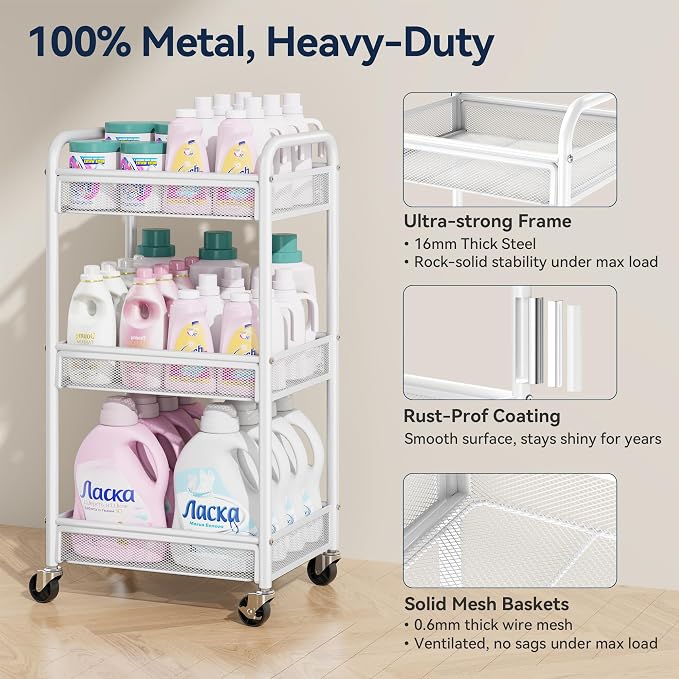 3 Tier Metal Rolling Cart, Art Workspace, Bedside Storage - Image 2