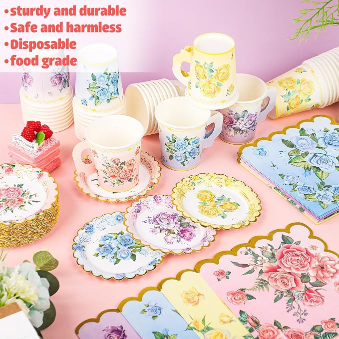 40 Set Floral Tea Cups and Saucers Disposable Tea Party Supplies Colorful - Image 4