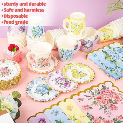 40 Set Floral Tea Cups and Saucers Disposable Tea Party Supplies Colorful - Image 4
