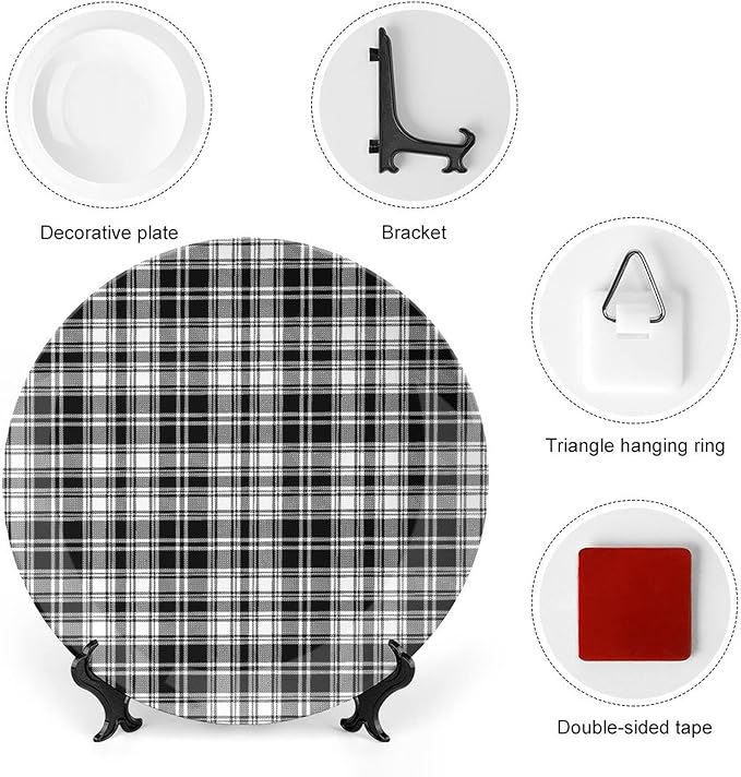 Ceramic Display Plate, Abstract Decor Ceramic Hanging Decorative Plate, British Tartan Stripes Pattern, 8 Inch, Household Custom Ceramic Plate, Black White