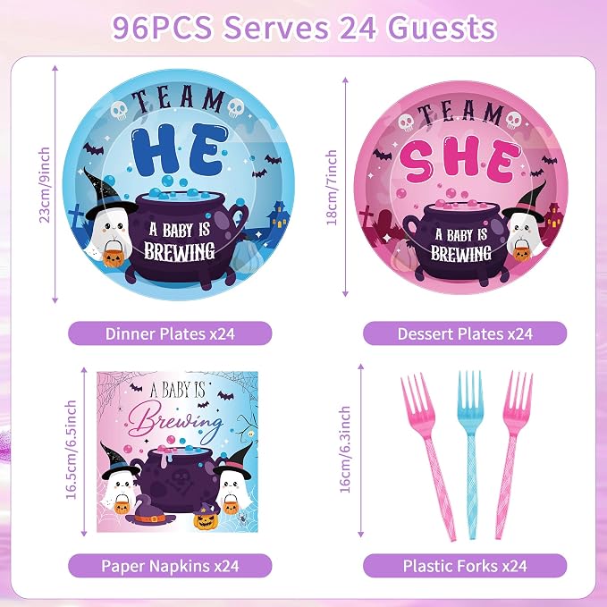 96 Pcs Halloween Gender Reveal Decorations, Baby Is Brewing Tableware Set | - Image 2