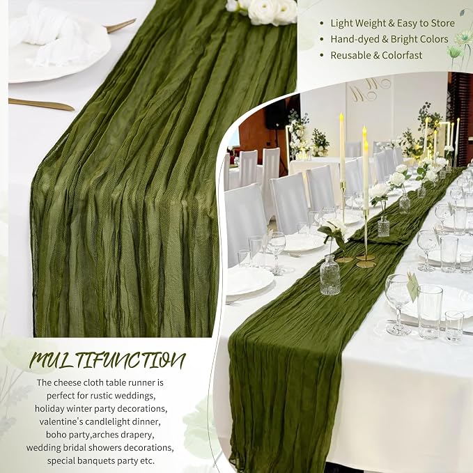 Showgeous 4 Pack Olive Green Cheesecloth Table Runner, 17 x 108 Inches | Boho - Image 5