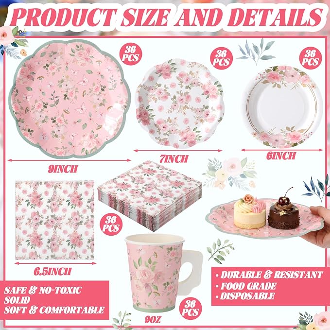 Pickmesh 252 Pcs Pink Floral Tea Party Supplies - Image 2