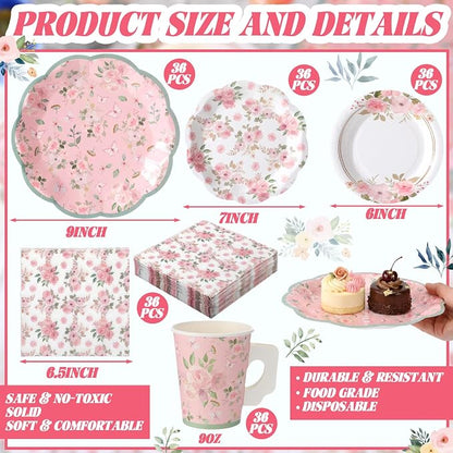 Pickmesh 252 Pcs Pink Floral Tea Party Supplies - Image 2