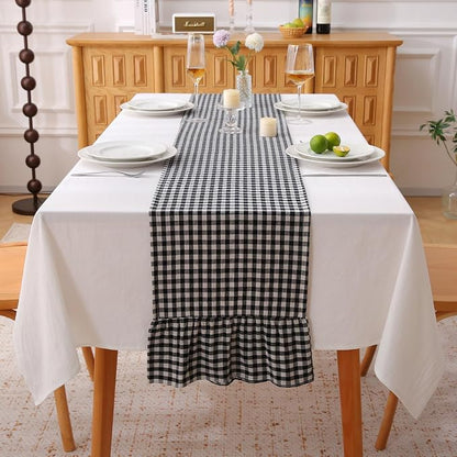 Black White Plaid Gingham Ruffle Table Runner 90 inches Long 100% Washed Cotton by KMASANIJI