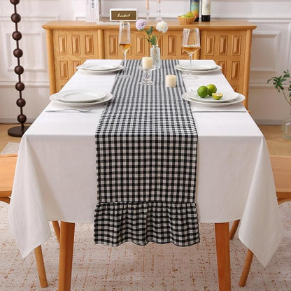 Black White Plaid Gingham Ruffle Table Runner 120 inches Long 100% Washed by KMASANIJI