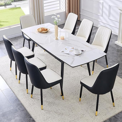 Extendable Dining Table Set for 8, 55'' to 78.8'' Rectangular Thickened Sintered Stone Kitchen Table with 8 Upholstered Chairs, Modern Space Saving 9-Piece Dinner Table Set