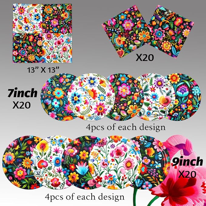 Cinco De Mayo Decorations-60Pcs Colorful Flower Fiesta Plates and Napkins - Image 4