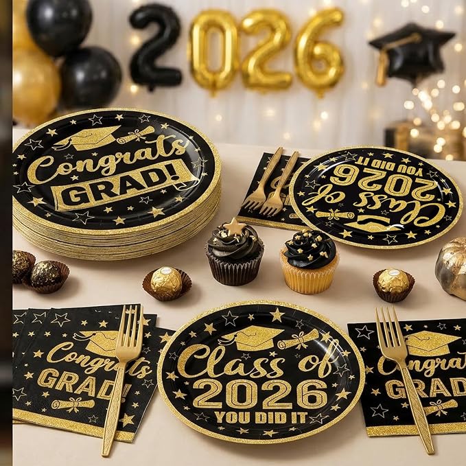 100 Pcs Graduation Party Supplies Set, Serves 25 – Disposable Black and Gold - Image 6