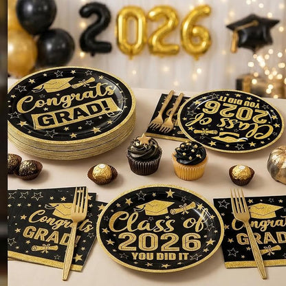 100 Pcs Graduation Party Supplies Set, Serves 25 – Disposable Black and Gold - Image 6