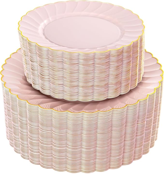 YOUBET 100PCS Pink and Gold Scalloped Plastic Plates by YOUBET