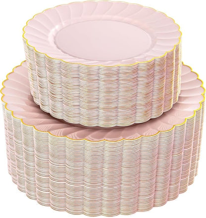YOUBET 100PCS Pink and Gold Scalloped Plastic Plates by YOUBET