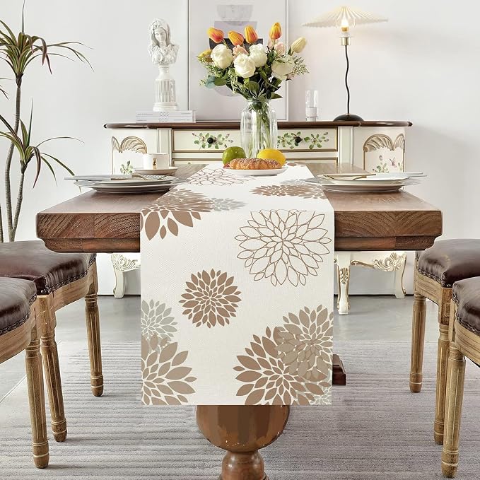 Coffee Brown Dahlia Table Runner Modern Elegant Flower Beige Table Runners - Image 2