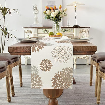 Coffee Brown Dahlia Table Runner Modern Elegant Flower Beige Table Runners - Image 2