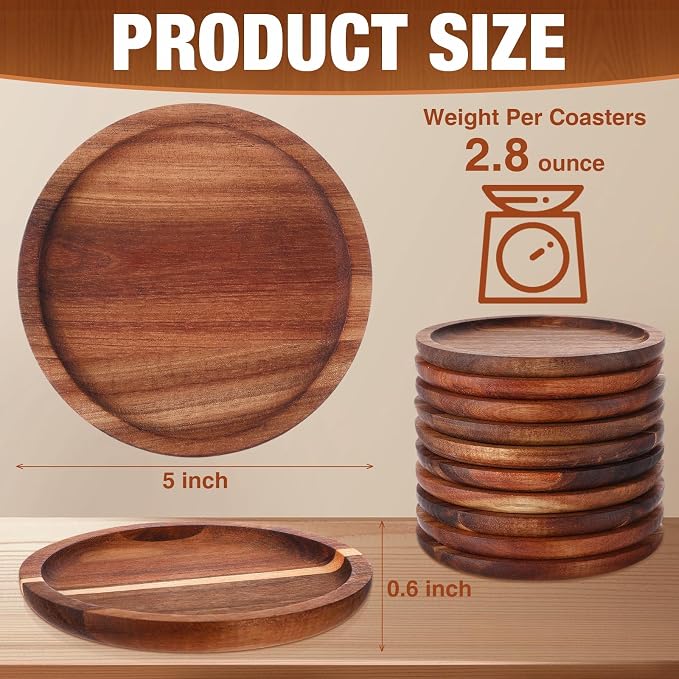 Gejoy 20 Pcs Wooden Coasters for Drinks 5 Inch Natural Stackable Acacia Wood - Image 2