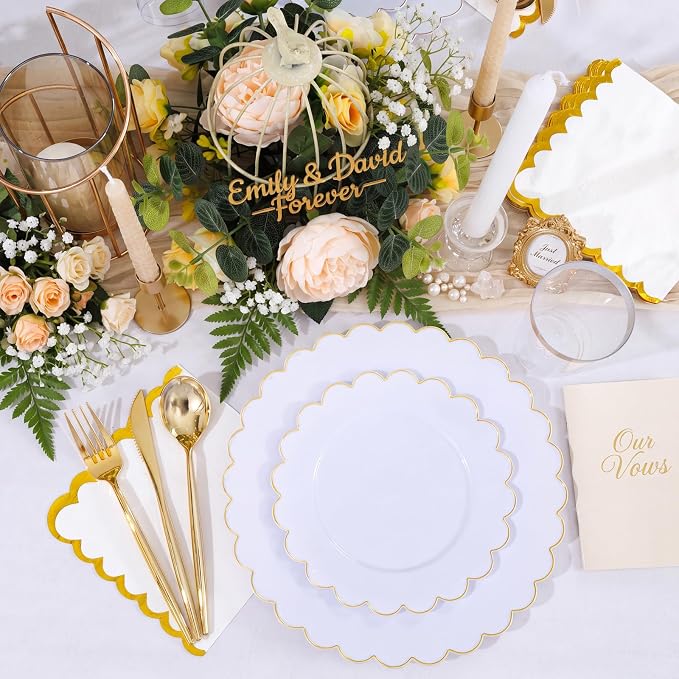 LIYH 210 Pcs Gold Scalloped Plastic Dinnerware Set 30 Guests - Image 4