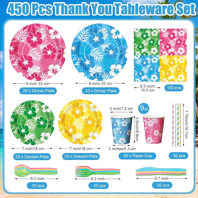 450 Pcs Hawaiian Luau Tableware Set Decorations, Serves 50 | Aloha Tropical - Image 2