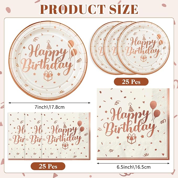 NatNarr 50 Pcs Happy Birthday Plates and Napkins Set, 7 Inch Pin Rose Gold - Image 3