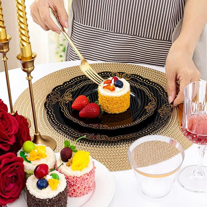Ciaell 175 PCS Black and Gold Plastic Plates - Black Disposable Dinnerware Set with 50 Plates, 25 Knives, 25 Forks, 25 Spoons, 25 Cups, 25 Napkins for Parties and Weddings