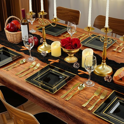 Goodluck 100 Black Pack Square Plastic Plates With Gold Rim, Heavy Duty 50 Dinner Plates 9.5" and 50 Dessert Plates 6.5", Fancy Disposable Plates for Wedding, Holiday Party, Birthday, Halloween