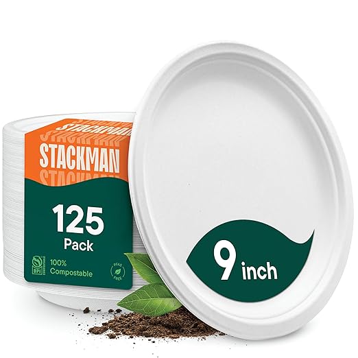 Stack Man 100% Compostable Paper Plates 9 Inch Heavy-Duty [125-Pack] Eco-Friendly White Bagasse Disposable Plates Made of Natural Sugarcane Fibers - 9" Biodegradable Plate (BPI-Certified) (PFAS-Free)