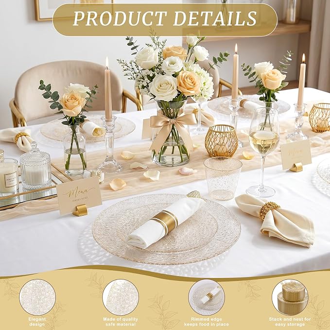 Rubtlamp 700Pcs Gold Glitter Plastic Dinnerware Set, Hammered Clear Plates - Image 4