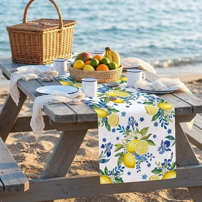 Lemon and Blue Floral Table Runner, 72 x 13 inches, Easy Care Machine Washable - Image 3