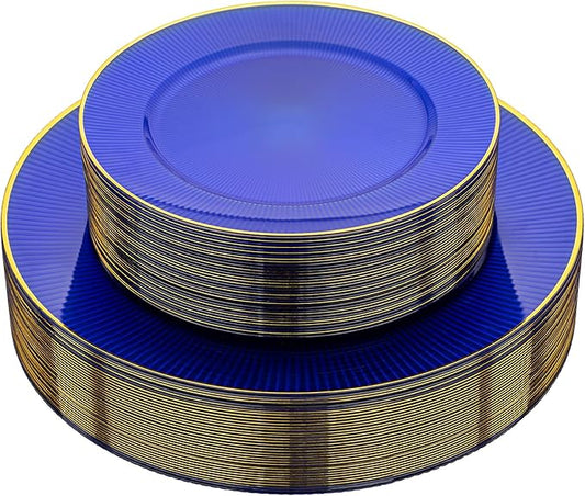 Hioasis 60pcs Blue Gold Plastic Plates - Gold Disposable Dinnerware Set, 30pcs Dinner 10.25in & 30pcs dessert 7.5in plates with striped designs for party & wedding