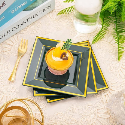 WDF 200PCS Green and Gold Plastic Dessert Plates with Plastic Forks -6’’ 100 Square Disposable Appetizer Plates Small Plates Cake Plates with Gold&100 Green Small Appetizer Forks for St. Patrick's Day