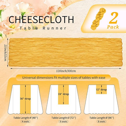 Showgeous 2 Pack Gold Cheesecloth Table Runners Boho Wedding Decor | Rustic - Image 2