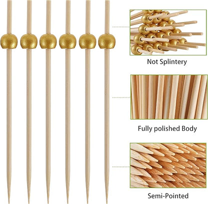 600 Pcs Cocktail Picks, 12 cm Toothpicks for Appetizers, Bamboo Cocktail Sticks Skewers for Drinks, Desserts, Charcuterie, Wedding Party Fancy Toothpicks, Gold Pearl Mini Food Picks Decorative