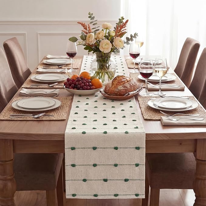 Artoid Mode Dark Green Boho Farmhouse Cotton Woven Table Runner, Seasonal - Image 2