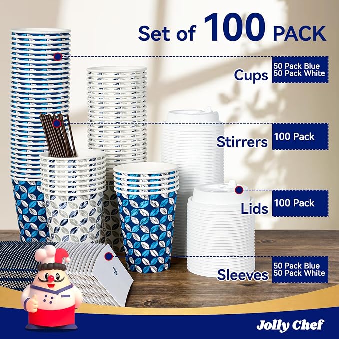 JOLLY CHEF 12oz Paper Coffee Cups 100 Pack, Disposable To Go Coffee Cups - Image 6