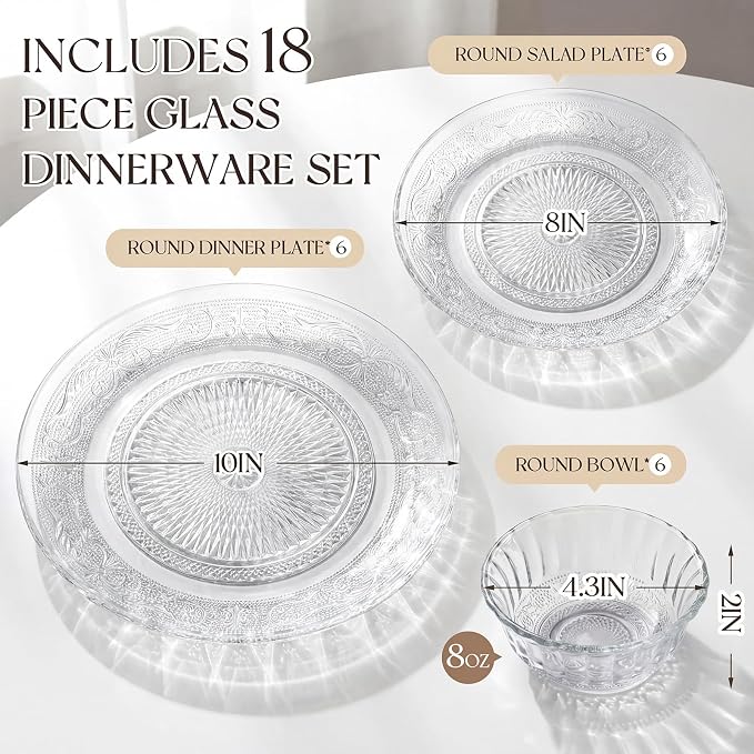 Havawish 18 Pcs Glass Dinnerware Set, Pattern | Clear Glass Plate and Bowl Sets - Image 2
