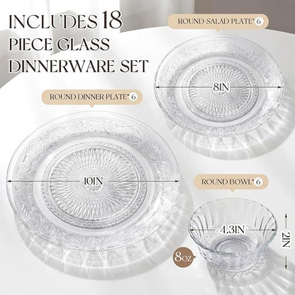 Havawish 18 Pcs Glass Dinnerware Set, Pattern | Clear Glass Plate and Bowl Sets - Image 2