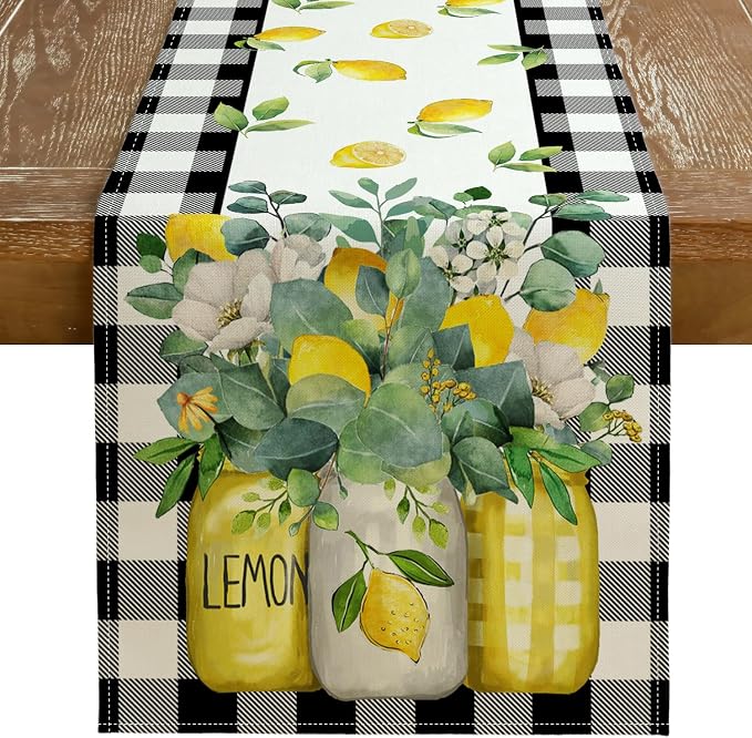 Black Buffalo Check Summer Table Runner 13 x 36 Inch, Lemon Vase Spring by GEEORY