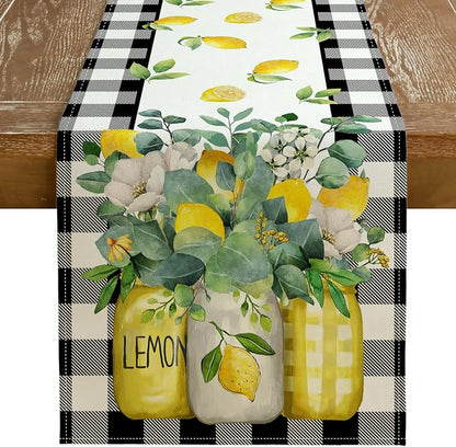 Black Buffalo Check Summer Table Runner 13 x 36 Inch, Lemon Vase Spring by GEEORY