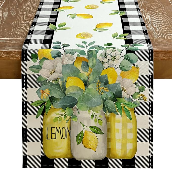 Black Buffalo Check Summer Table Runner 13 x 120 Inch, Lemon Vase Spring by GEEORY